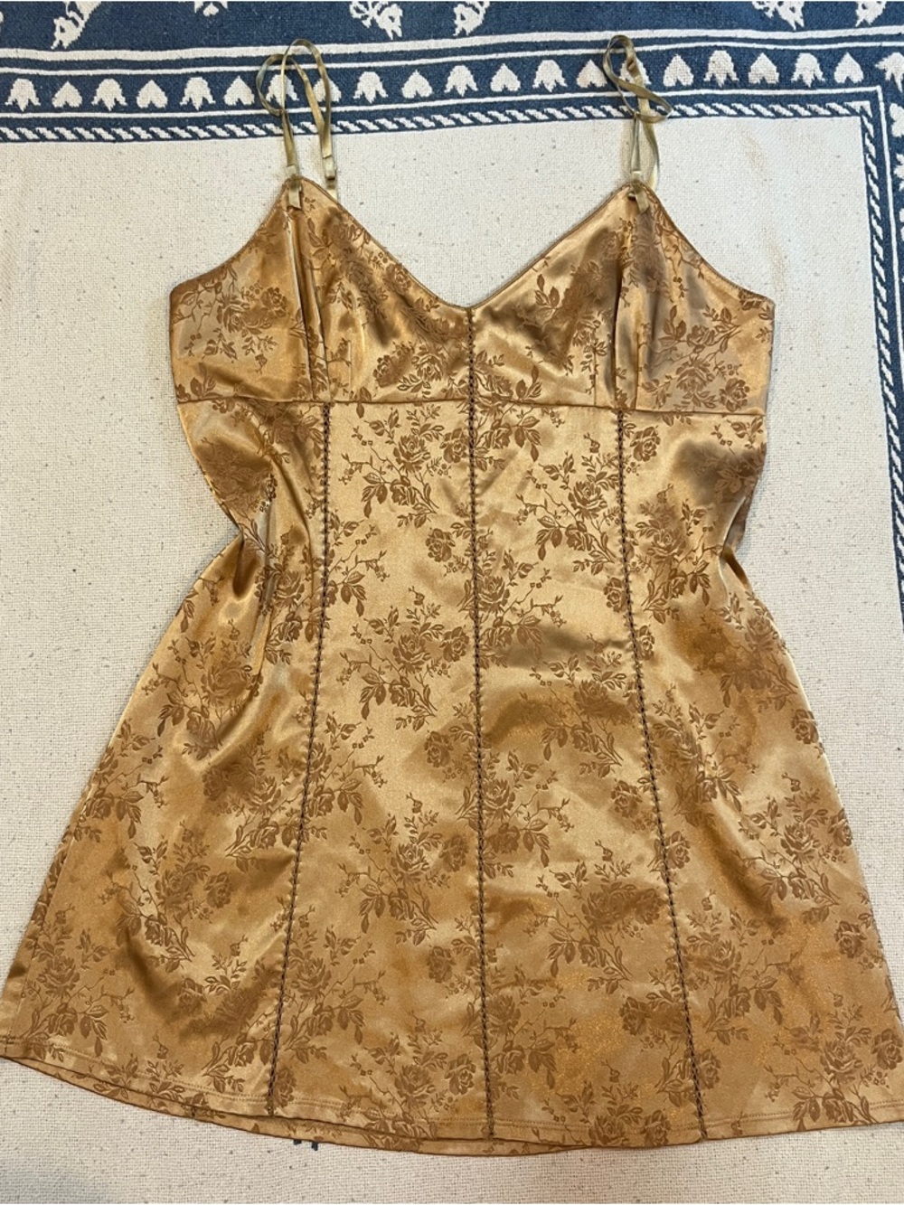 vintage victoria's secret gold corset style silk lace up floral dress with braid